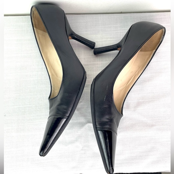 Authentic Vintage Chanel kitten heel pointed pumps size 38 1/2 two black leather - Picture 5 of 8
